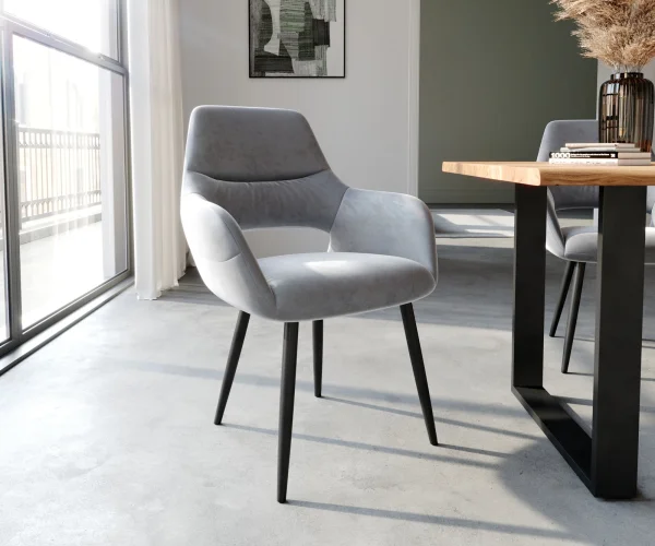 Chaise-de-salle-à-manger Yago-Flex avec accoudoirs velours gris 4 pieds coniques noir ressorts ensachés
