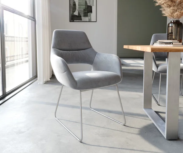 Chaise-de-salle-à-manger Yago-Flex avec accoudoirs velours gris pied trapèze acier inoxydable brossé ressorts ensachés