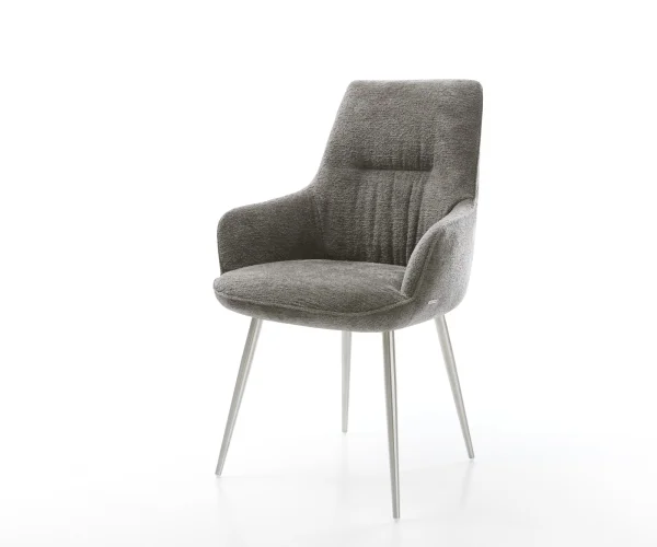 Chaise-de-salle-à-manger Zelia-Flex avec accoudoirs bouclé doux couleur boue 4 pieds coniques acier inoxydable resorts ensachés