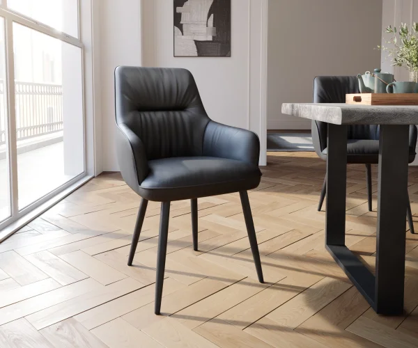 Chaise-de-salle-à-manger Zelia-Flex avec accoudoirs cuir de vache noir 4 pieds coniques noir ressorts ensachés