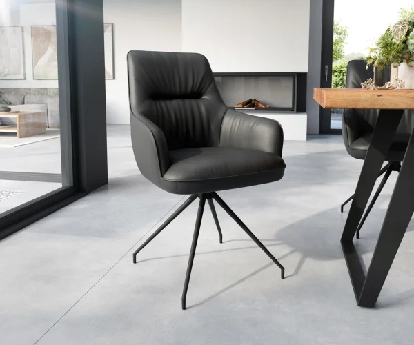 Chaise-de-salle-à-manger Zelia-Flex avec accoudoirs cuir de vache noir pied croisé conique noir ressorts ensachés