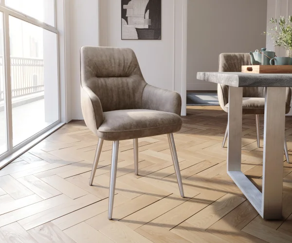 Chaise-de-salle-à-manger Zelia-Flex avec accoudoirs microvelours taupe vintage 4 pieds coniques acier inoxydable brossé ressorts ensachés
