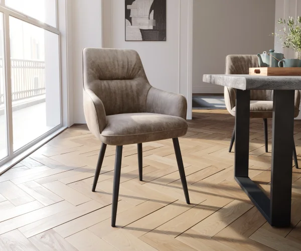 Chaise-de-salle-à-manger Zelia-Flex avec accoudoirs microvelours taupe vintage 4 pieds coniques noir ressorts ensachés