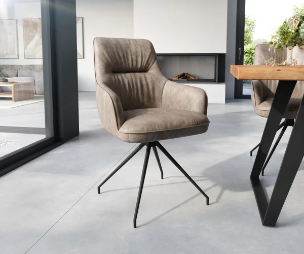 Chaise-de-salle-à-manger Zelia-Flex avec accoudoirs microvelours taupe vintage pied croisé conique noir ressorts ensachés
