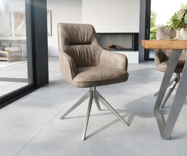 Chaise-de-salle-à-manger Zelia-Flex avec accoudoirs microvelours taupe vintage pied croisé large acier inoxydable brossé ressorts ensachés