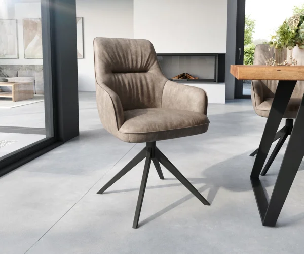 Chaise-de-salle-à-manger Zelia-Flex avec accoudoirs microvelours taupe vintage pied croisé large noir ressorts ensachés