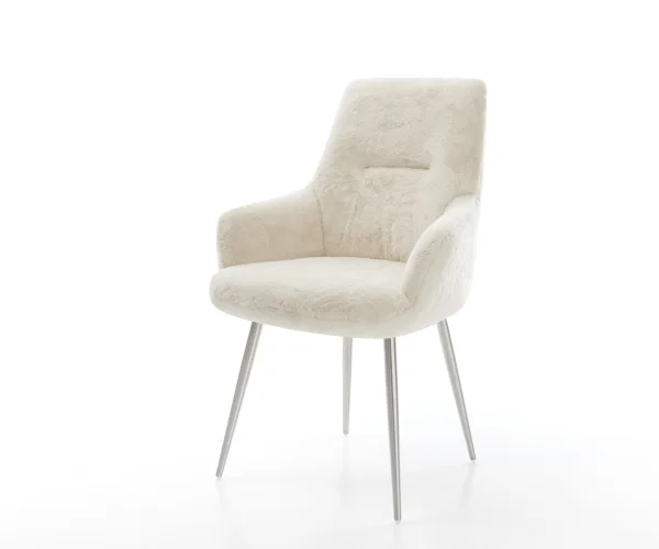 Chaise-de-salle-à-manger Zelia-Flex avec accoudoirs peluche crème-blanc 4 pieds coniques acier inoxydable resorts ensachés