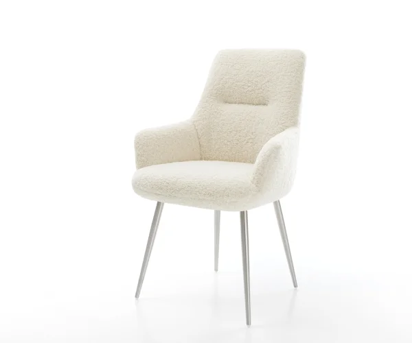Chaise-de-salle-à-manger Zelia-Flex avec accoudoirs tissu teddy beige 4 pieds coniques acier inoxydable resorts ensachés