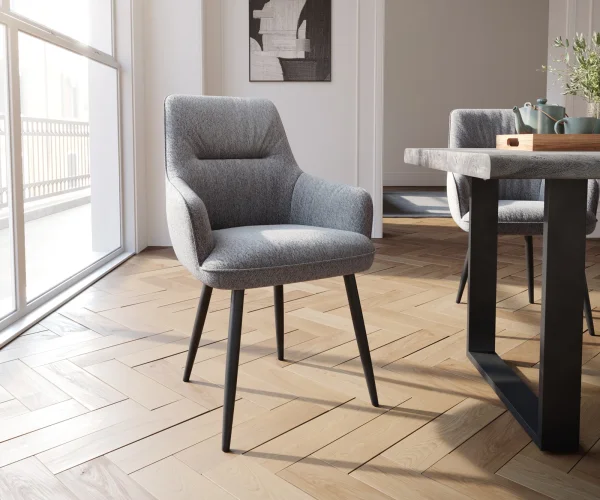 Chaise-de-salle-à-manger Zelia-Flex avec accoudoirs tissu texturé gris clair 4 pieds coniques noir ressorts ensachés
