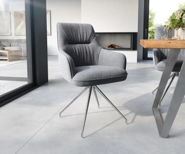 Chaise-de-salle-à-manger Zelia-Flex avec accoudoirs tissu texturé gris clair pied croisé conique acier inoxydable brossé ressorts ensachés