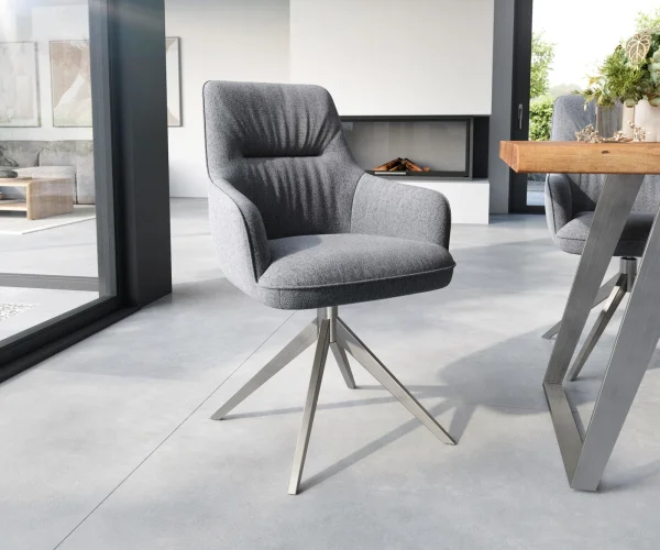 Chaise-de-salle-à-manger Zelia-Flex avec accoudoirs tissu texturé gris clair pied croisé large acier inoxydable brossé ressorts ensachés