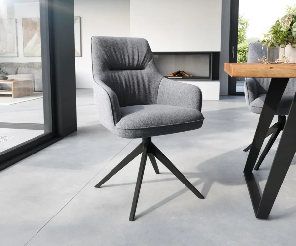 Chaise-de-salle-à-manger Zelia-Flex avec accoudoirs tissu texturé gris clair pied croisé large noir ressorts ensachés