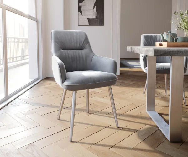 Chaise-de-salle-à-manger Zelia-Flex avec accoudoirs velours gris 4 pieds coniques acier inoxydable brossé ressorts ensachés