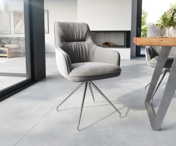 Chaise-de-salle-à-manger Zelia-Flex avec accoudoirs velours gris pied croisé conique acier inoxydable brossé ressorts ensachés