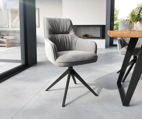 Chaise-de-salle-à-manger Zelia-Flex avec accoudoirs velours gris pied croisé large noir ressorts ensachés