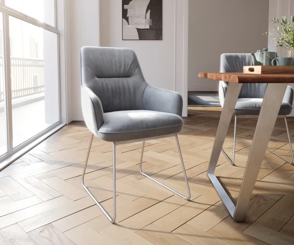 Chaise-de-salle-à-manger Zelia-Flex avec accoudoirs velours gris pied trapèze acier inoxydable brossé ressorts ensachés