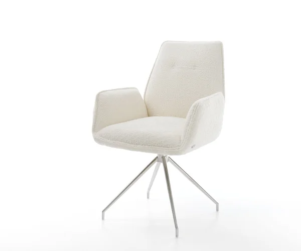 Chaise-de-salle-à-manger Zoa-Flex bouclé blanc pied croisé conique acier inoxydable brossé ressorts ensachés