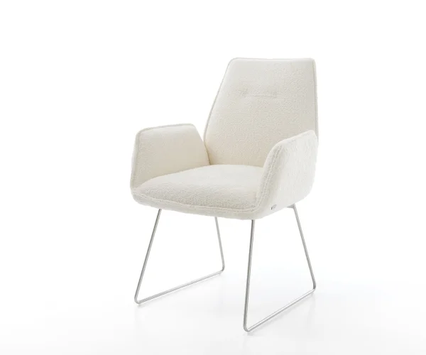 Chaise-de-salle-à-manger Zoa-Flex bouclé blanc pied trapèze acier inoxydable brossé ressorts ensachés