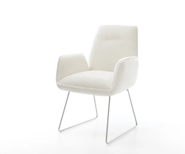 Chaise-de-salle-à-manger Zoa-Flex bouclé doux beige pied trapèze acier inoxydable resorts ensachés