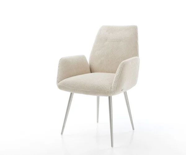 Chaise-de-salle-à-manger Zoa-Flex côtelé beige vintage 4 pieds coniques acier inoxydable brossé ressorts ensachés