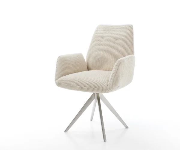 Chaise-de-salle-à-manger Zoa-Flex côtelé beige vintage pied croisé angulaire acier inoxydable brossé ressorts ensachés