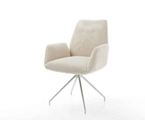 Chaise-de-salle-à-manger Zoa-Flex côtelé beige vintage pied croisé conique acier inoxydable brossé ressorts ensachés