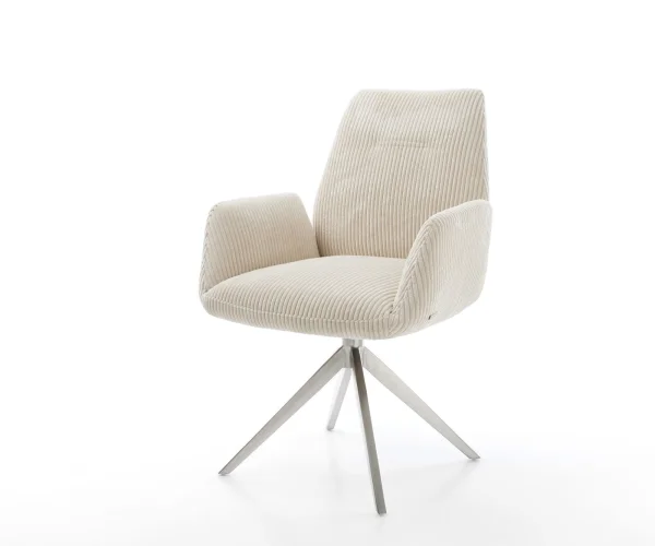 Chaise-de-salle-à-manger Zoa-Flex côtelé beige vintage pied croisé large acier inoxydable brossé ressorts ensachés
