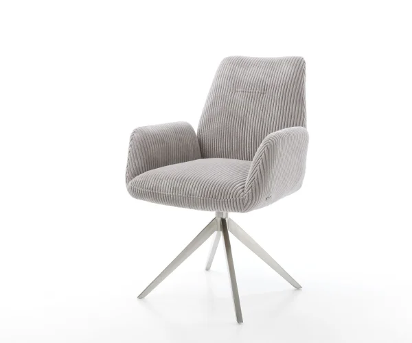 Chaise-de-salle-à-manger Zoa-Flex côtelé gris argenté pied croisé large acier inoxydable brossé ressorts ensachés
