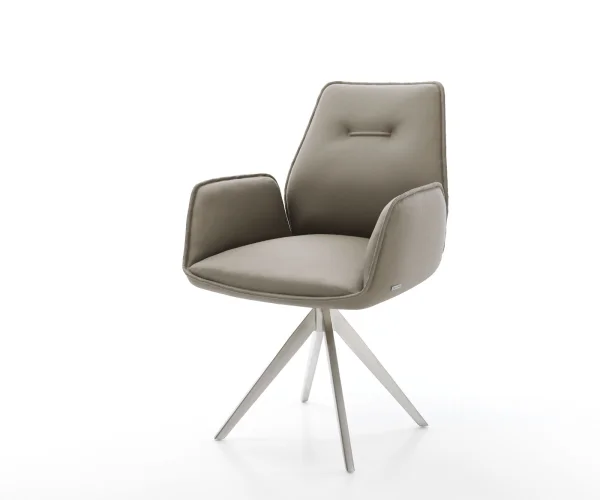 Chaise-de-salle-à-manger Zoa-Flex cuir de vache couleur boue pied croisé angulaire acier inoxydable brossé ressorts ensachés