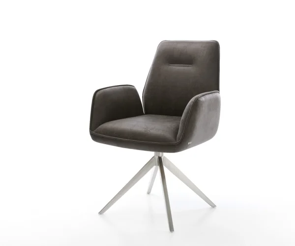 Chaise-de-salle-à-manger Zoa-Flex microvelours anthracite vintage pied croisé large acier inoxydable brossé ressorts ensachés