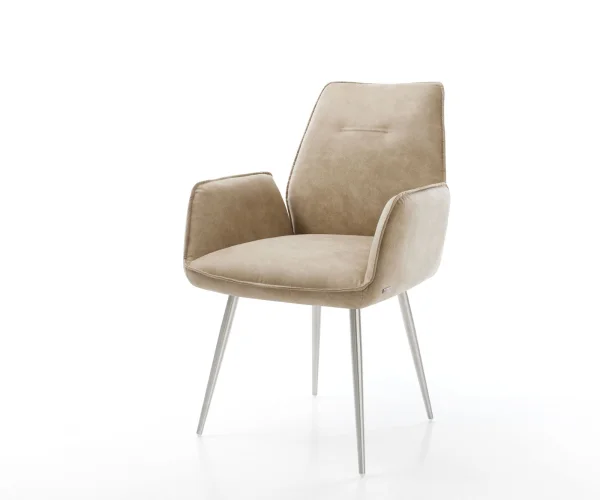 Chaise-de-salle-à-manger Zoa-Flex microvelours beige vintage 4 pieds coniques acier inoxydable brossé ressorts ensachés