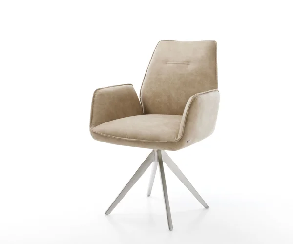 Chaise-de-salle-à-manger Zoa-Flex microvelours beige vintage pied croisé angulaire acier inoxydable brossé ressorts ensachés