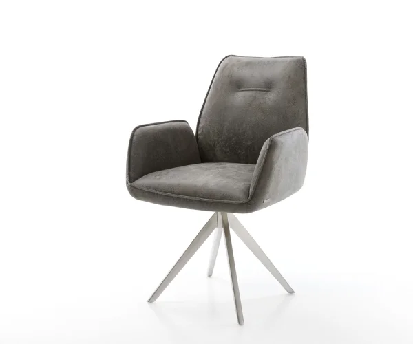 Chaise-de-salle-à-manger Zoa-Flex microvelours gris antique pied croisé angulaire acier inoxydable brossé ressorts ensachés