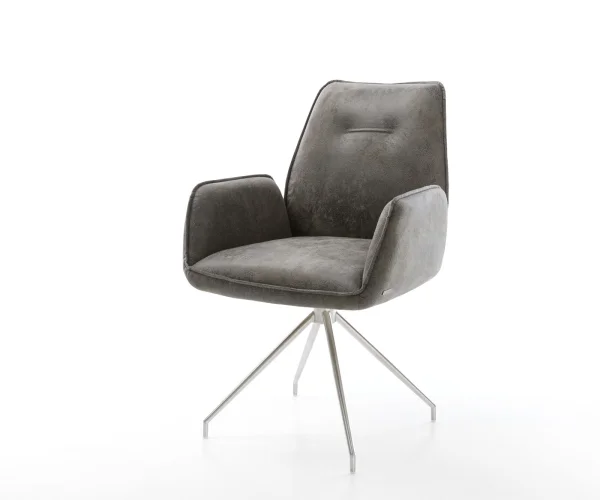 Chaise-de-salle-à-manger Zoa-Flex microvelours gris antique pied croisé conique acier inoxydable brossé ressorts ensachés