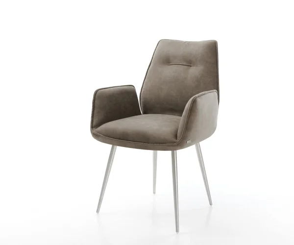 Chaise-de-salle-à-manger Zoa-Flex microvelours taupe vintage 4 pieds coniques acier inoxydable brossé ressorts ensachés