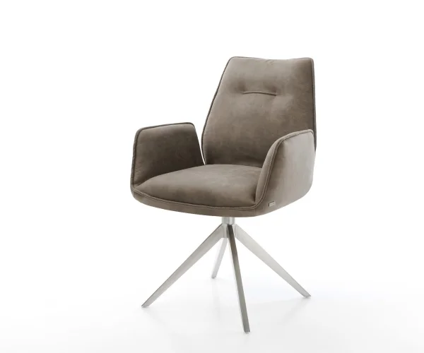 Chaise-de-salle-à-manger Zoa-Flex microvelours taupe vintage pied croisé large acier inoxydable brossé ressorts ensachés