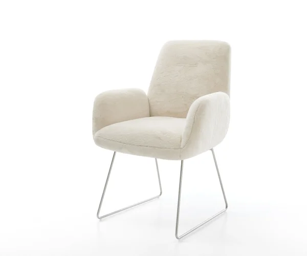 Chaise-de-salle-à-manger Zoa-Flex peluche crème-blanc pied trapèze acier inoxydable resorts ensachés