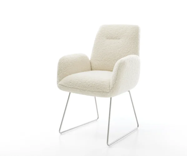 Chaise-de-salle-à-manger Zoa-Flex tissu teddy beige pied trapèze acier inoxydable resorts ensachés