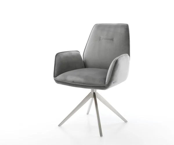 Chaise-de-salle-à-manger Zoa-Flex velours gris pied croisé large acier inoxydable brossé ressorts ensachés