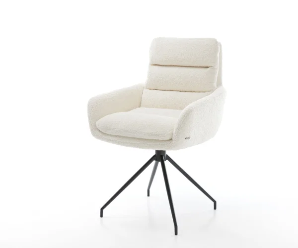 Chaise-pivotante Abelia-Flex avec accoudoirs bouclé blanc cadre croisé conique noir pivote sur 180°