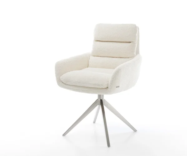 Chaise-pivotante Abelia-Flex avec accoudoirs bouclé blanc pied croisé large acier inoxydable brossé pivotement sur 360° fonction bascule