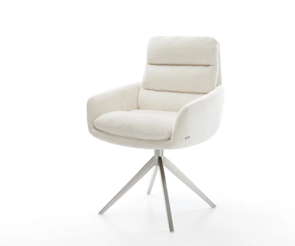Chaise-pivotante Abelia-Flex avec accoudoirs bouclé doux beige pied croisé large acier inoxydable pivotement sur 360° fonction bascule