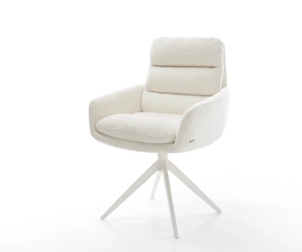 Chaise-pivotante Abelia-Flex avec accoudoirs bouclé doux beige pied croisé large blanc pivotement sur 360° fonction bascule