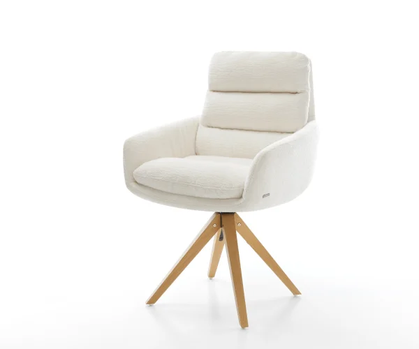 Chaise-pivotante Abelia-Flex avec accoudoirs bouclé doux beige pied en bois angulaire naturel pivotement sur 180°