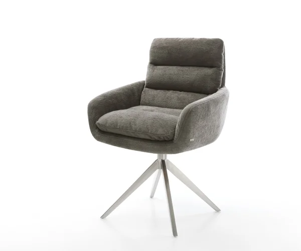 Chaise-pivotante Abelia-Flex avec accoudoirs bouclé doux couleur boue pied croisé large acier inoxydable pivotement sur 360° fonction bascule