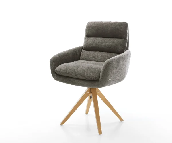 Chaise-pivotante Abelia-Flex avec accoudoirs bouclé doux couleur boue pied en bois angulaire naturel pivotement sur 180°