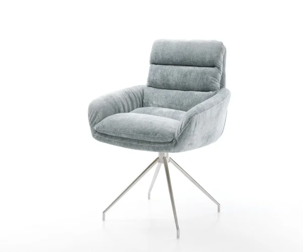 Chaise-pivotante Abelia-Flex avec accoudoirs chenille bleu pastel pied croisé conique acier inoxydable brossé pivotement sur 180°