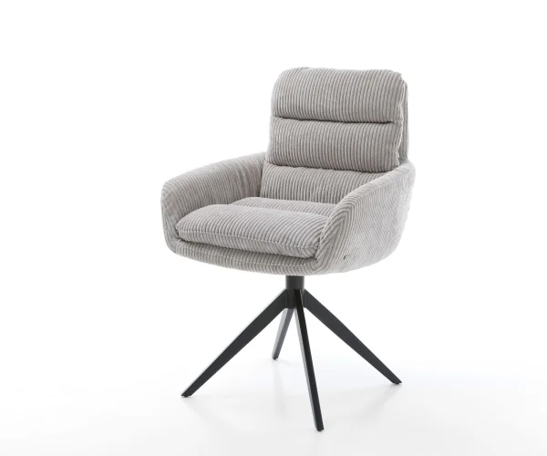 Chaise-pivotante Abelia-Flex avec accoudoirs côtelé gris argenté pied croisé large noir pivotement sur 360° fonction bascule