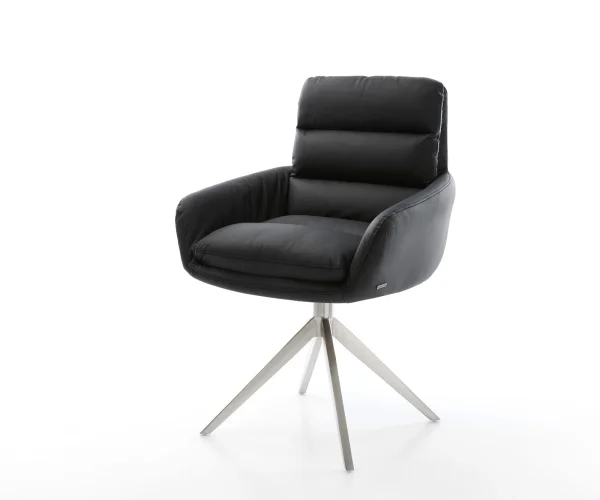 Chaise-pivotante Abelia-Flex avec accoudoirs cuir de vache noir pied croisé large acier inoxydable brossé pivotement sur 360° fonction bascule