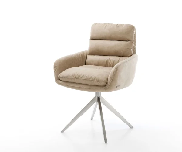 Chaise-pivotante Abelia-Flex avec accoudoirs microvelours beige vintage pied croisé large acier inoxydable brossé pivotement sur 360° fonction bascule